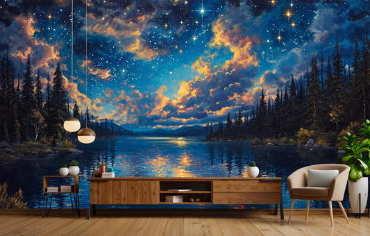 Magical Starry Sky Forest Wallpaper – peel and stick wallpaper mural, Golden Era Walls