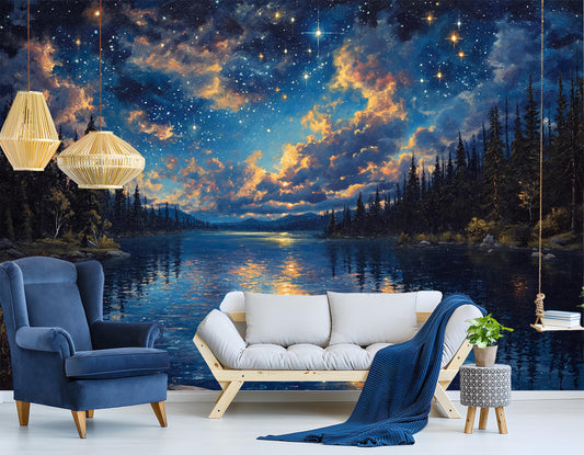 Magical Starry Sky Forest Wallpaper – detail view, Golden Era Walls