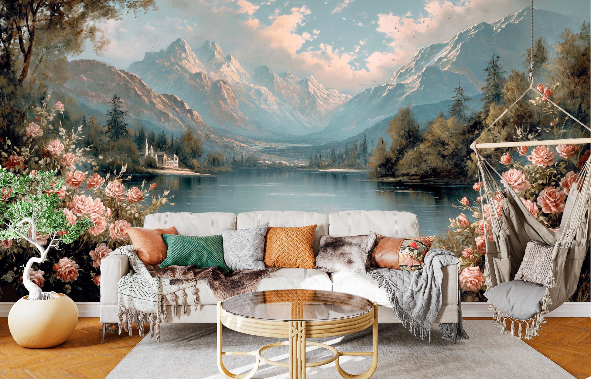 Lush Mountain Lake Rose Floral Wallpaper – lifestyle view, Golden Era Walls