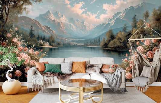 Lush Mountain Lake Rose Floral Wallpaper – lifestyle view, Golden Era Walls