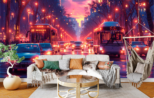 Lively City Street at Wallpaper – room setting, Golden Era Walls