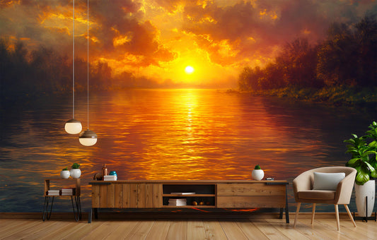 Golden Sunset River Serene Wallpaper – room setting, Golden Era Walls