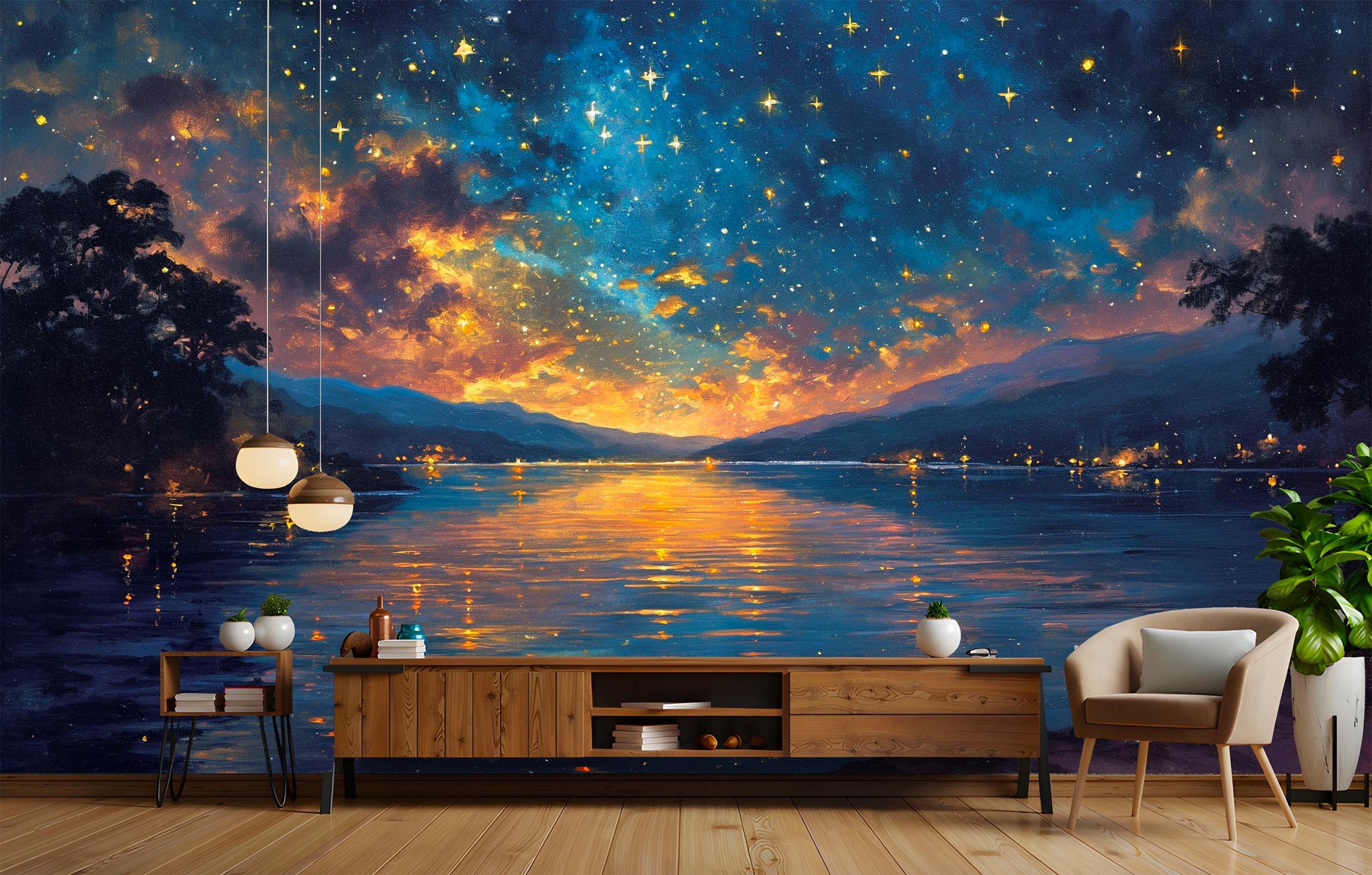 Golden Sunset Over Lake Wallpaper – peel and stick wallpaper mural, Golden Era Walls