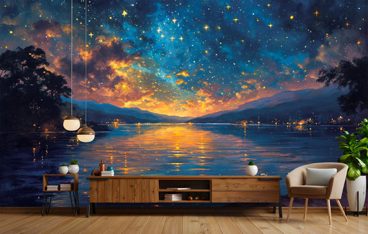 Golden Sunset Over Lake Wallpaper – peel and stick wallpaper mural, Golden Era Walls