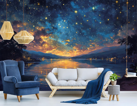Golden Sunset Over Lake Wallpaper – lifestyle view, Golden Era Walls