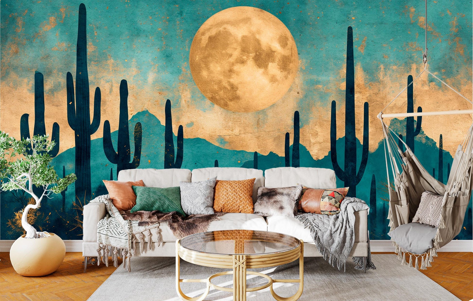 Golden Saguaro Cactus Moonlit Wallpaper – lifestyle view, Golden Era Walls