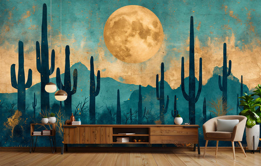 Golden Saguaro Cactus Moonlit Wallpaper – detail view, Golden Era Walls