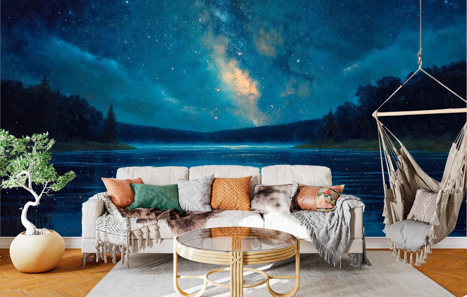 Galaxy Night Lake Non Wallpaper – lifestyle view, Golden Era Walls