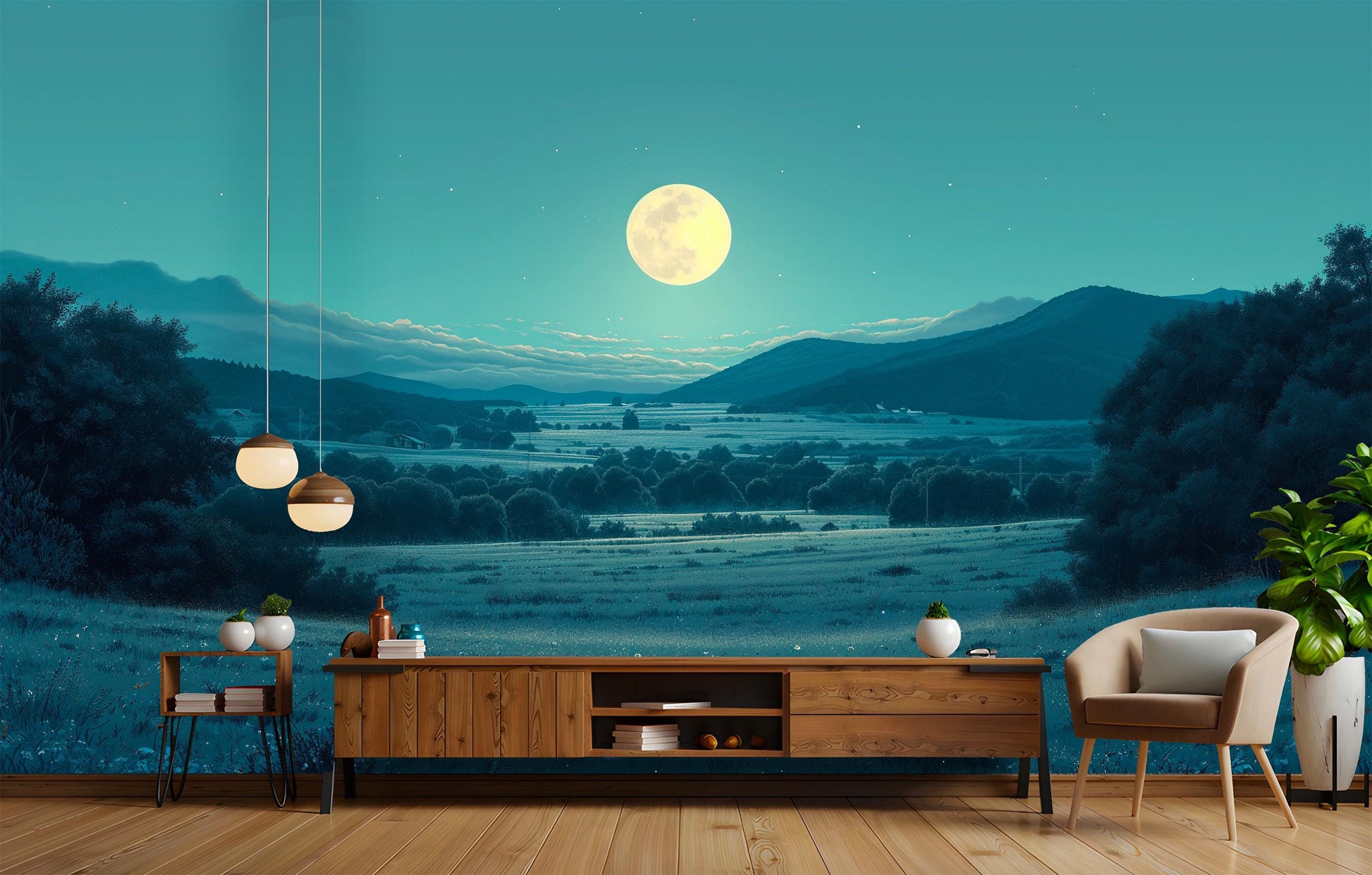 Full Moon Over Valley Wallpaper – lifestyle view, Golden Era Walls