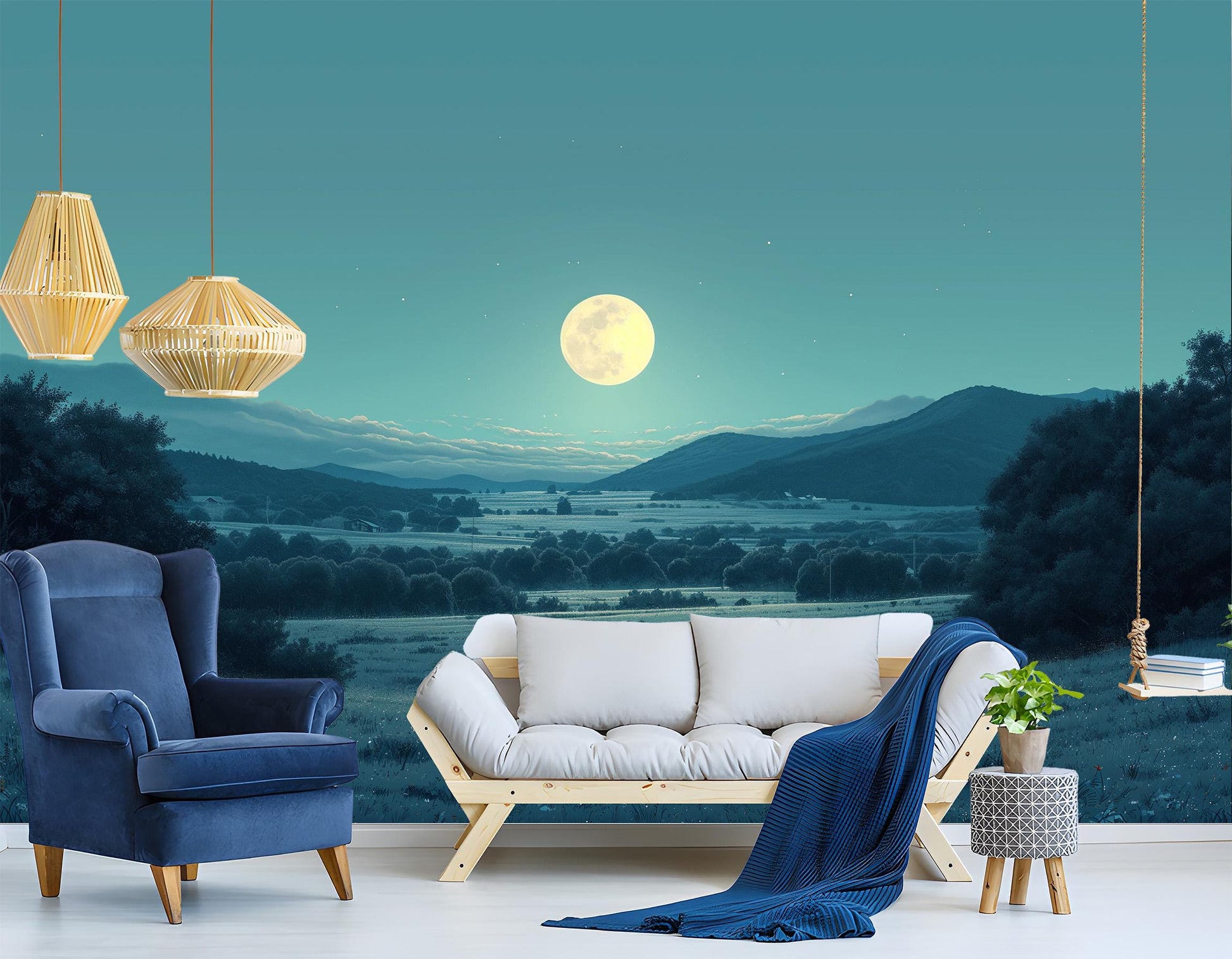 Full Moon Over Valley Wallpaper – room setting, Golden Era Walls