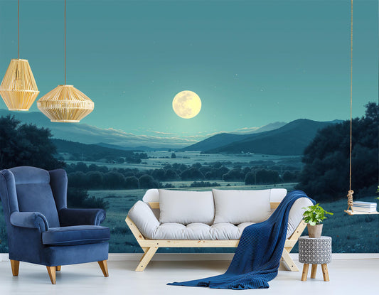 Full Moon Over Valley Wallpaper – room setting, Golden Era Walls
