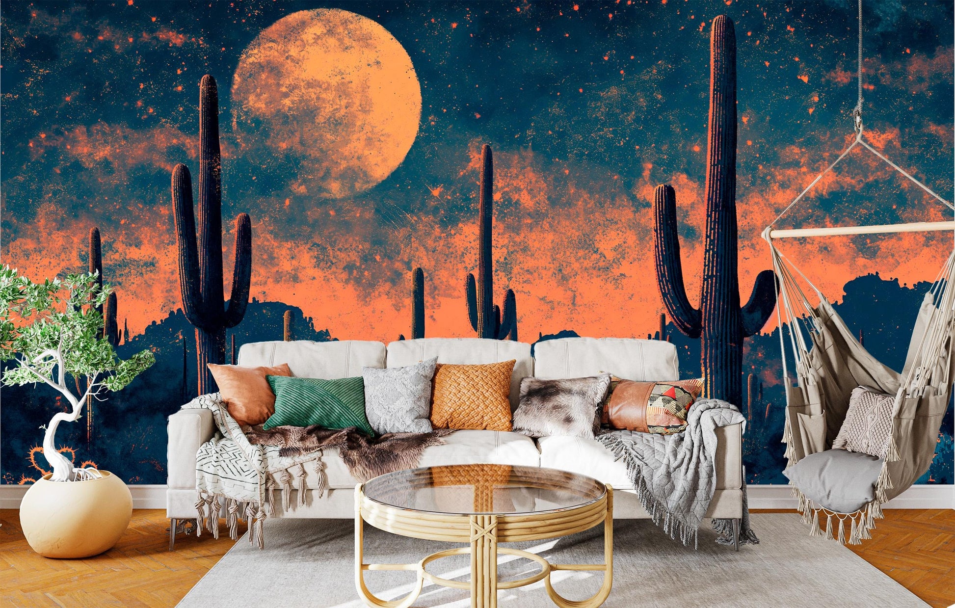 Full Moon Desert Cactus Wallpaper – peel and stick wallpaper mural, Golden Era Walls