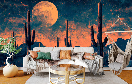 Full Moon Desert Cactus Wallpaper – peel and stick wallpaper mural, Golden Era Walls