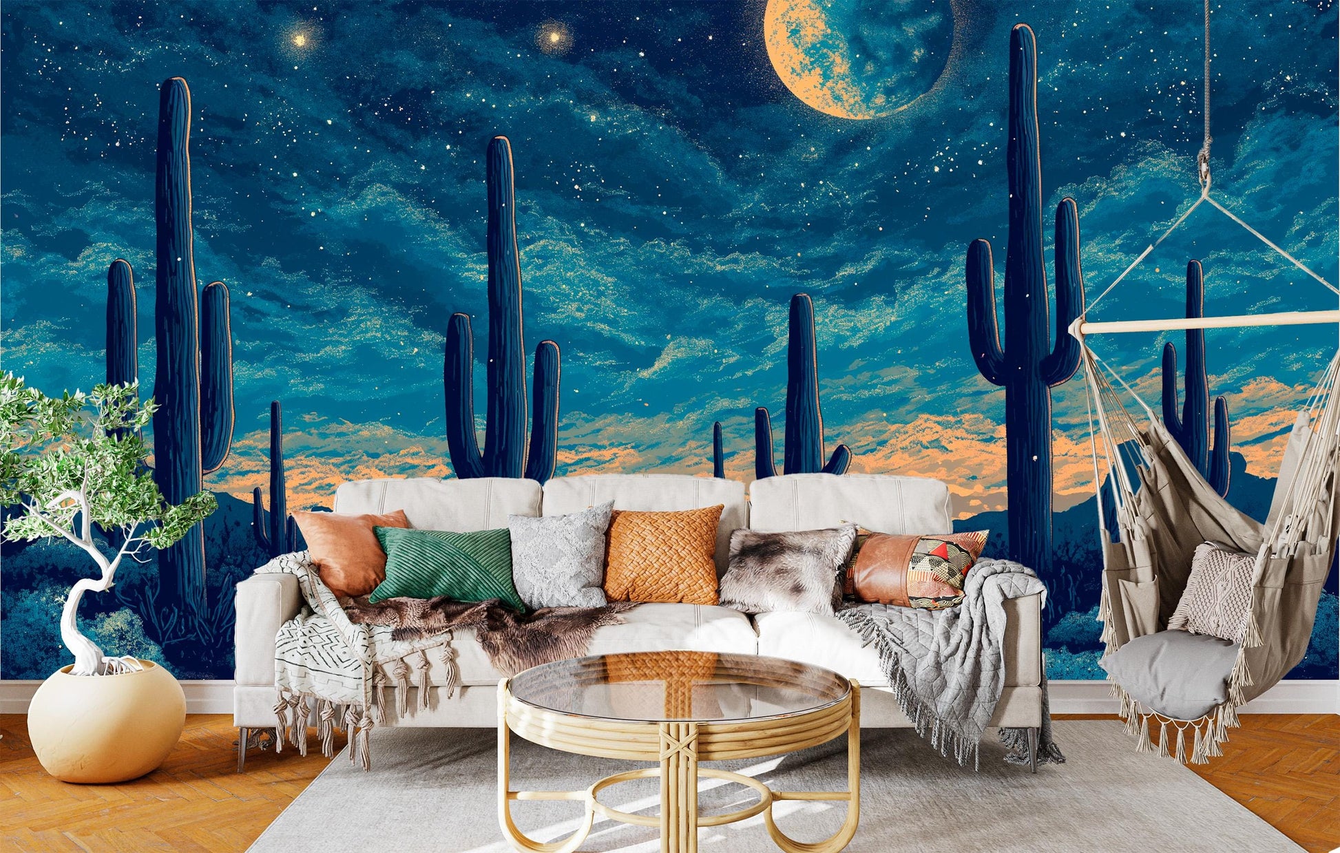 Full Moon Desert Cactus Wallpaper wallpaper mural, room mockup, Golden Era Walls
