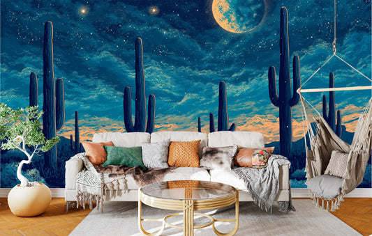 Full Moon Desert Cactus Wallpaper – room setting, Golden Era Walls