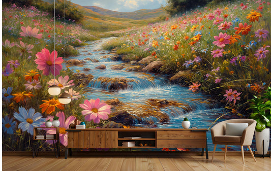 Floral Meadow Stream at Floral Wallpaper – room setting, Golden Era Walls