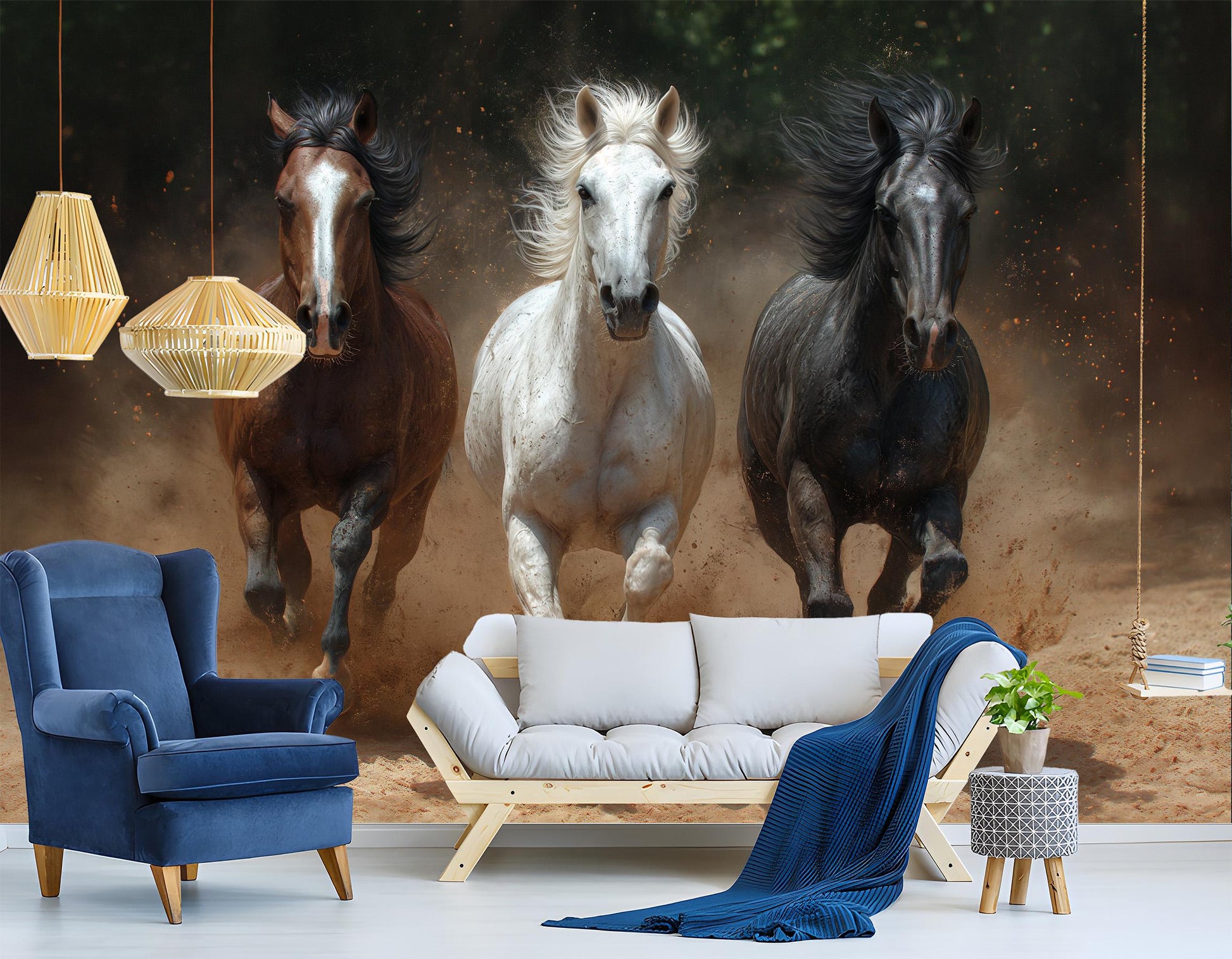 Elegant Horses Running Dust Wallpaper – lifestyle view, Golden Era Walls