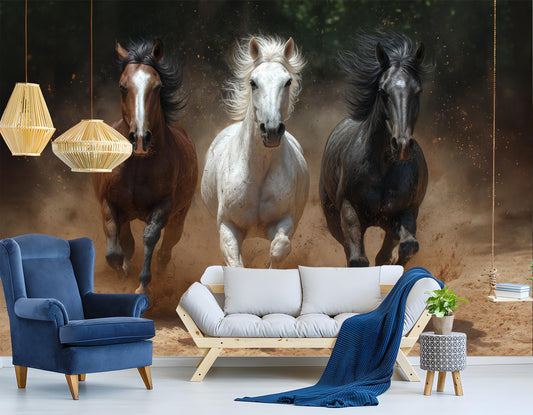 Elegant Horses Running Dust Wallpaper – lifestyle view, Golden Era Walls