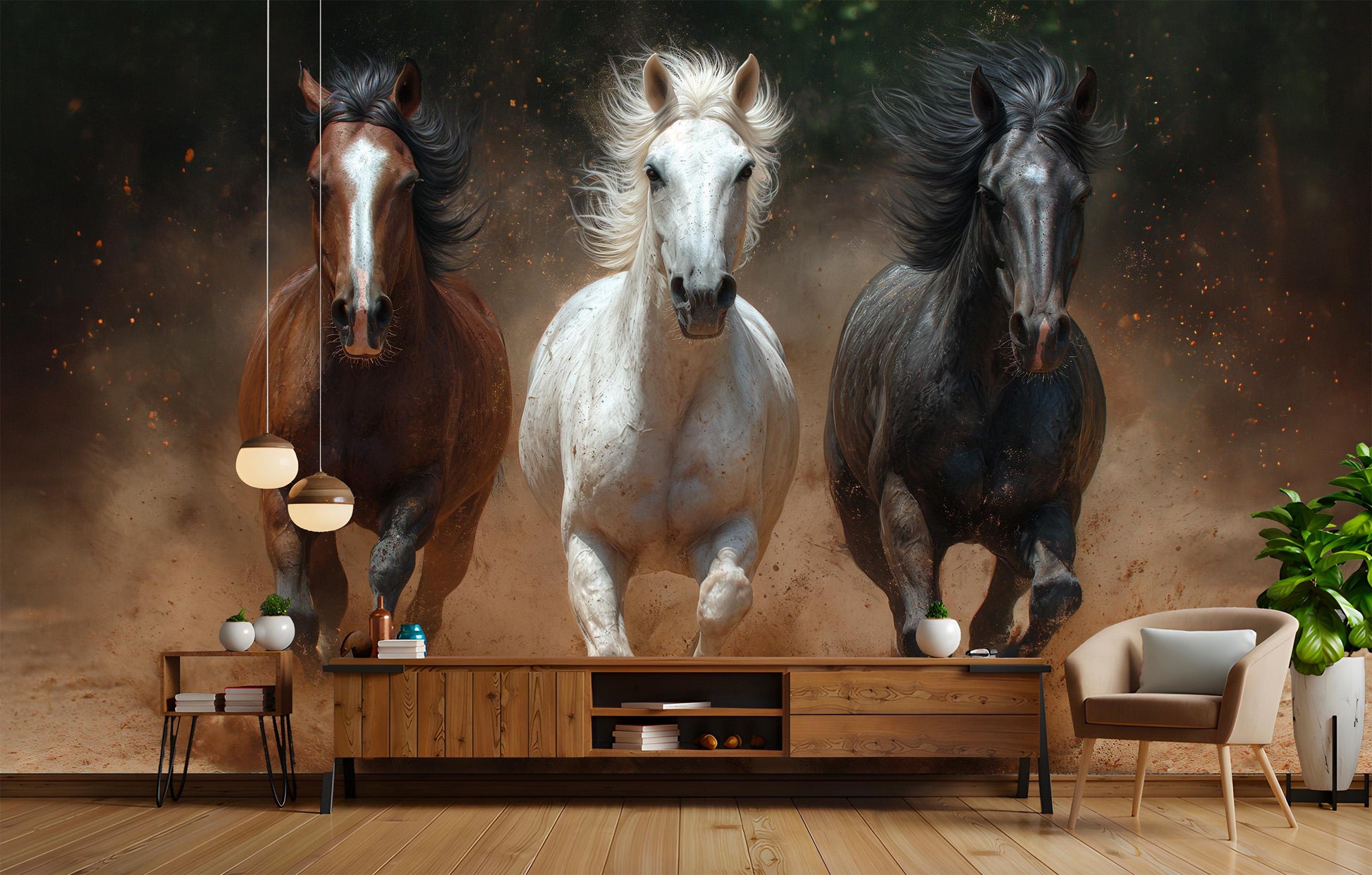 Elegant Horses Running Dust Wallpaper – peel and stick wallpaper mural, Golden Era Walls