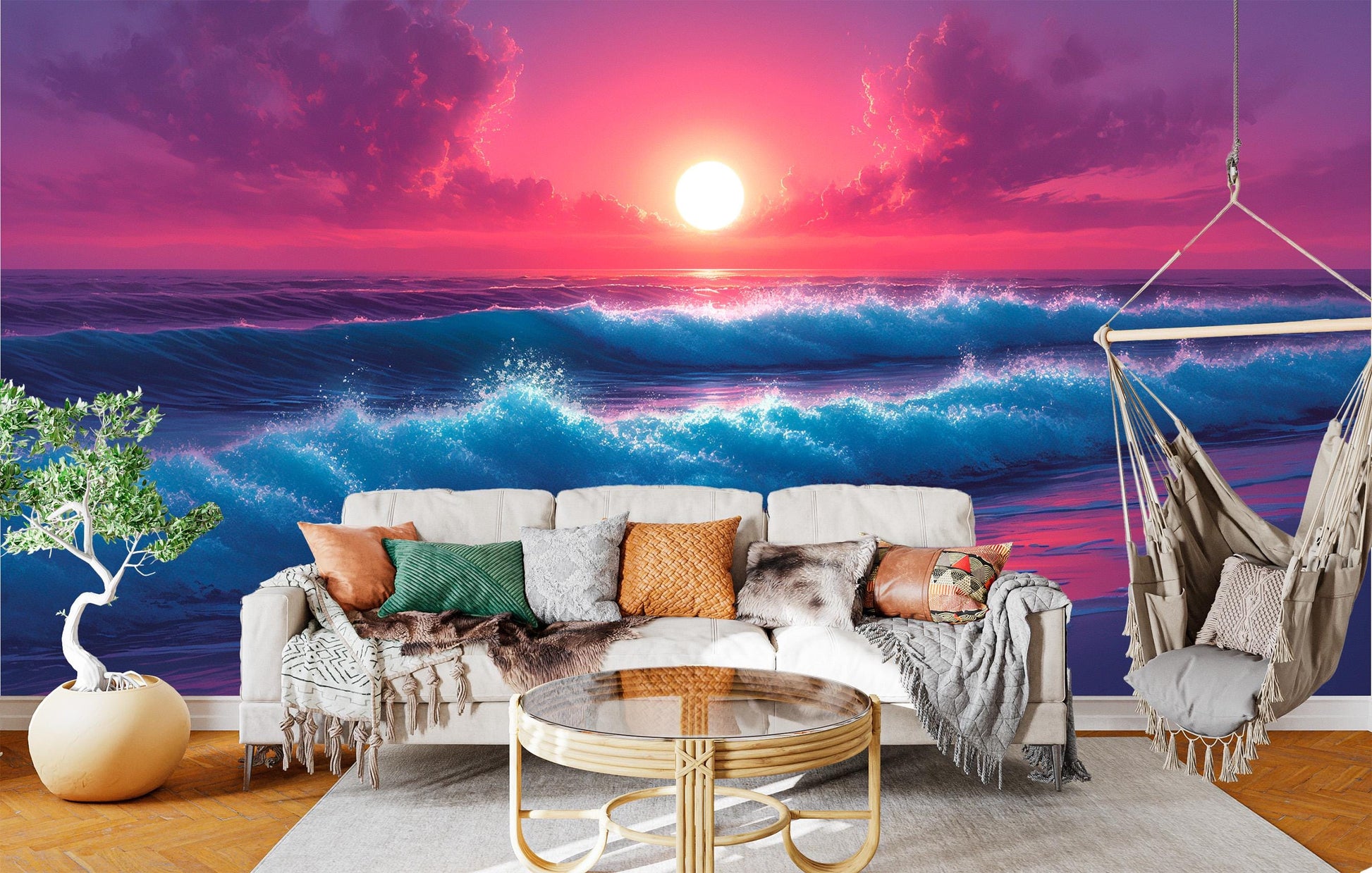 Dreamy Sunset Over Waves Coastal Wallpaper – lifestyle view, Golden Era Walls