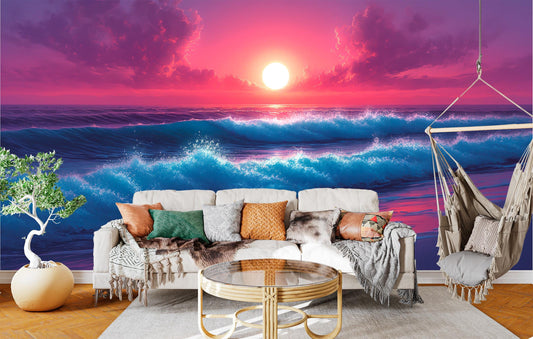 Dreamy Sunset Over Waves Coastal Wallpaper – lifestyle view, Golden Era Walls