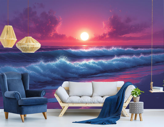 Dreamy Sunset Over Waves Coastal Wallpaper – detail view, Golden Era Walls