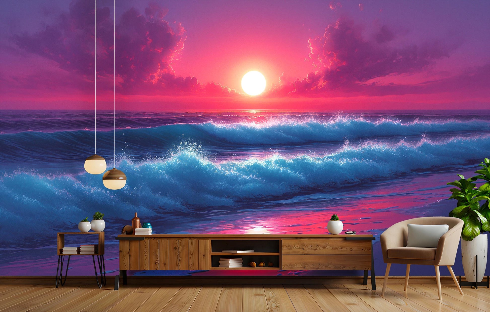 Dreamy Sunset Over Waves Coastal Wallpaper – peel and stick wallpaper mural, Golden Era Walls