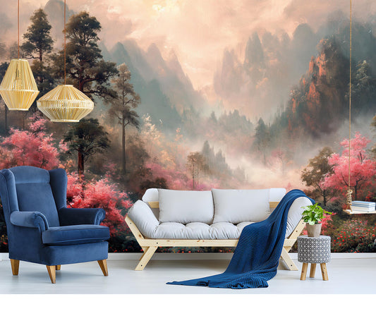 Dreamy Pink Landscape Non Floral Wallpaper – lifestyle view, Golden Era Walls