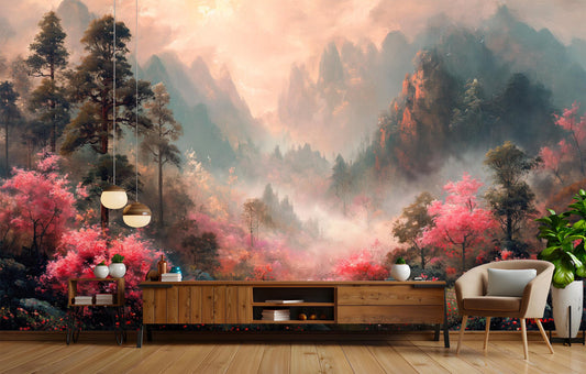 Dreamy Pink Landscape Non Floral Wallpaper – peel and stick wallpaper mural, Golden Era Walls