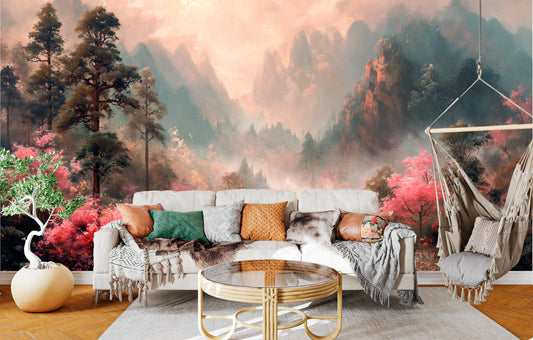 Dreamy Pink Landscape Non Floral Wallpaper – room setting, Golden Era Walls