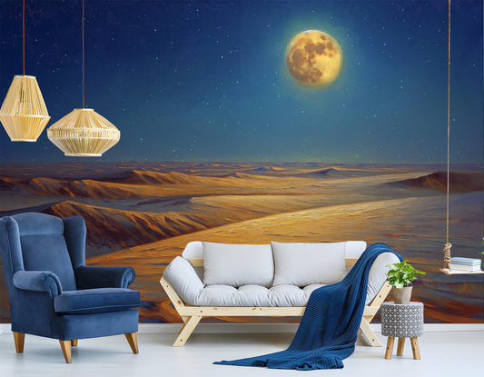 Desert Under Full Moon Wallpaper – room setting, Golden Era Walls