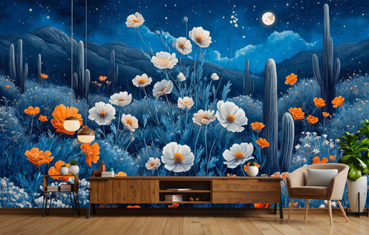 Desert Night Floral Cactus Floral Wallpaper – lifestyle view, Golden Era Walls