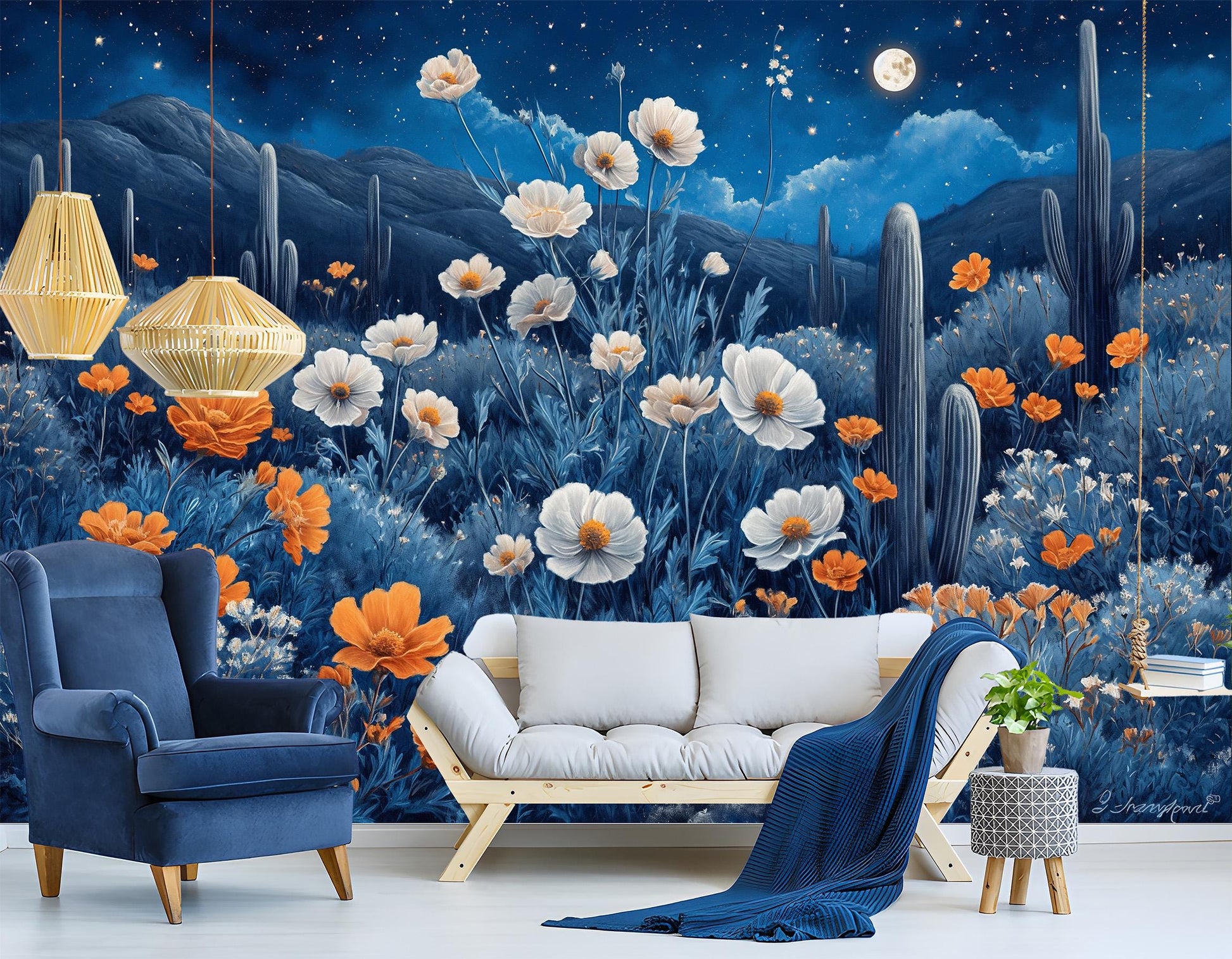 Desert Night Floral Cactus Floral Wallpaper – peel and stick wallpaper mural, Golden Era Walls