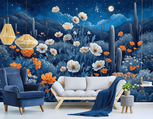 Desert Night Floral Cactus Floral Wallpaper – peel and stick wallpaper mural, Golden Era Walls