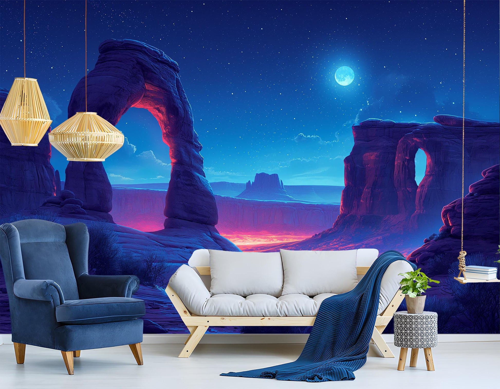 Desert Archways Under Moon Wallpaper – peel and stick wallpaper mural, Golden Era Walls