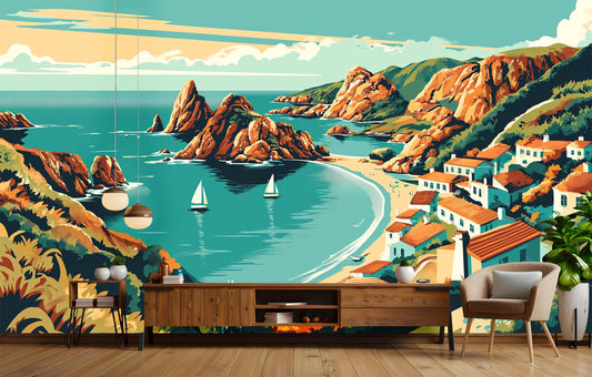 Coastal Mediterranean Landscape Non Coastal Wallpaper – lifestyle view, Golden Era Walls