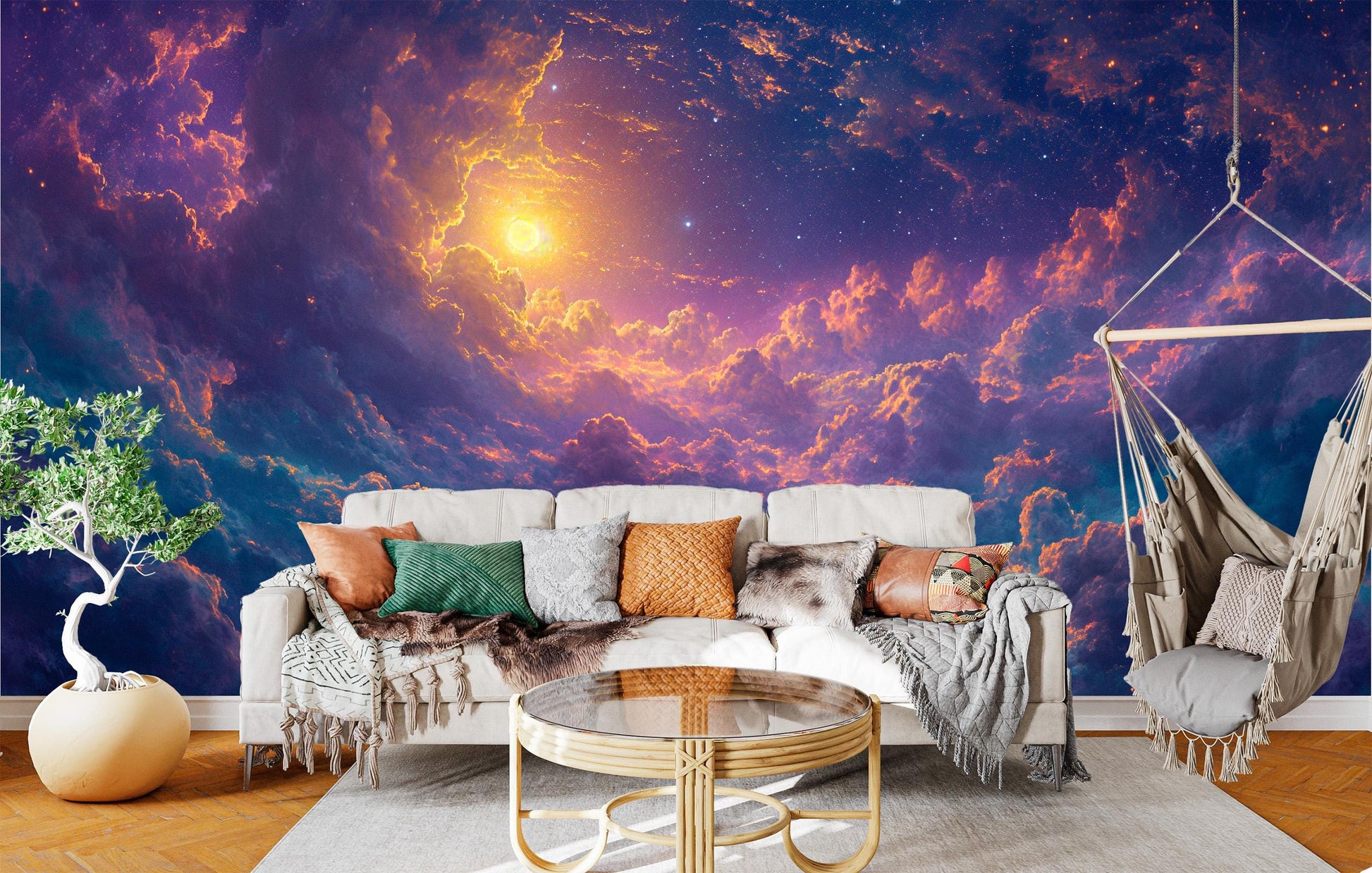 Celestial Clouds Stars Non Wallpaper – room setting, Golden Era Walls