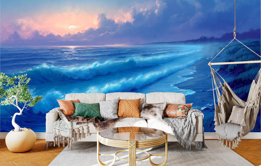 Calming Ocean Dusk Waves Coastal Wallpaper – lifestyle view, Golden Era Walls