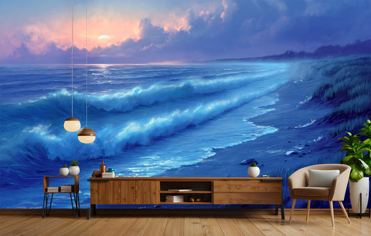 Calming Ocean Dusk Waves Coastal Wallpaper – room setting, Golden Era Walls