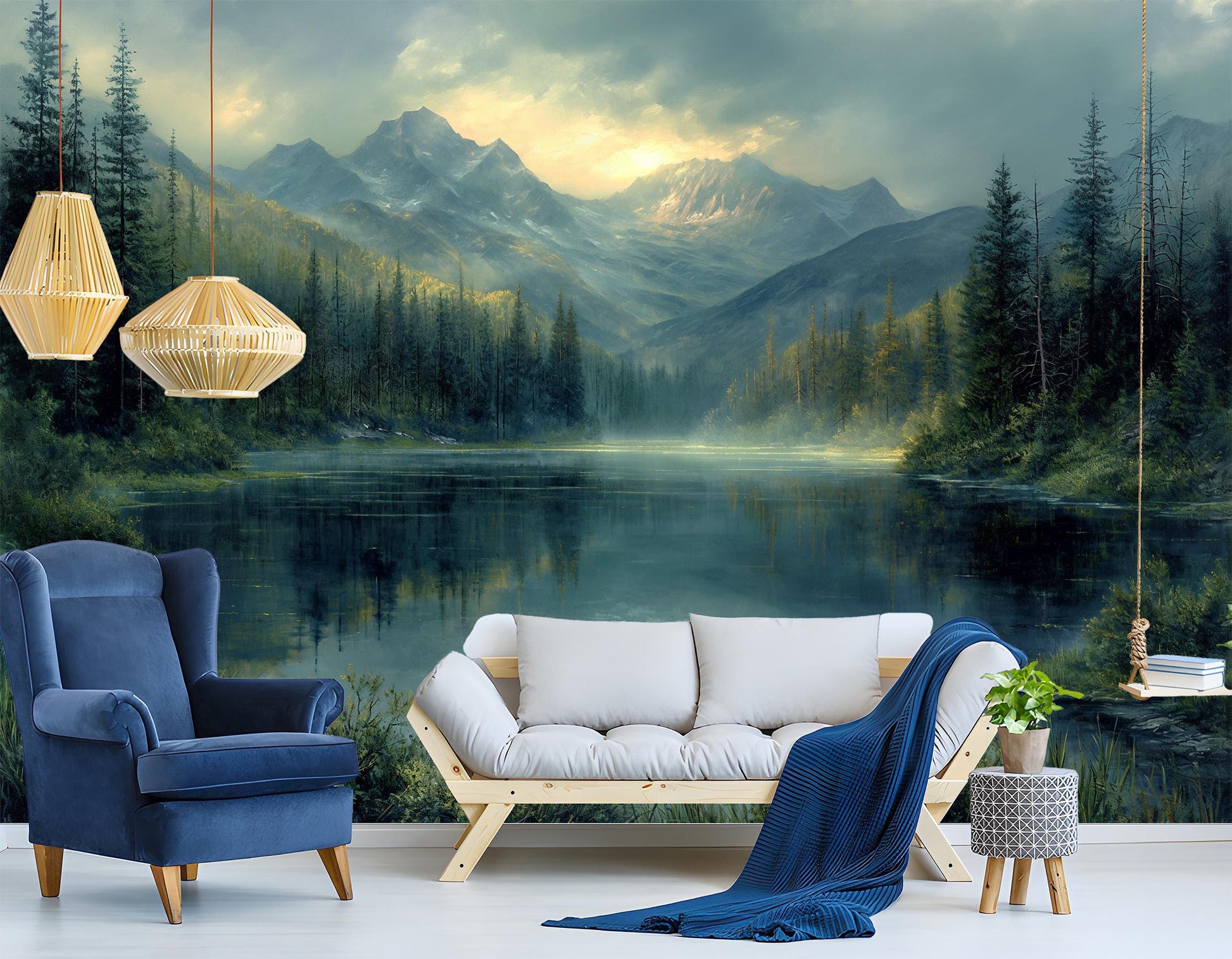 Calm Lakeside Forest Serene Wallpaper – lifestyle view, Golden Era Walls
