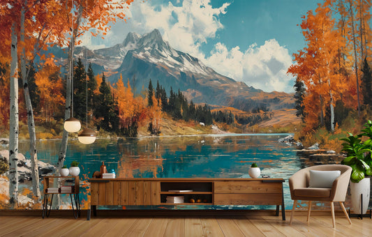 Autumn Reflection Mountain Lake Coastal Wallpaper – detail view, Golden Era Walls