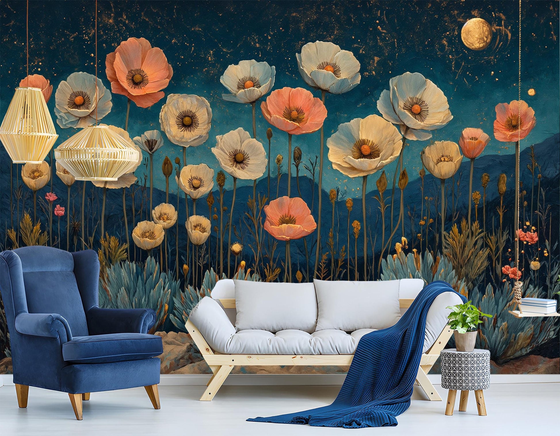 Moonlit Desert Floral Non Floral Wallpaper – peel and stick wallpaper mural, Golden Era Walls