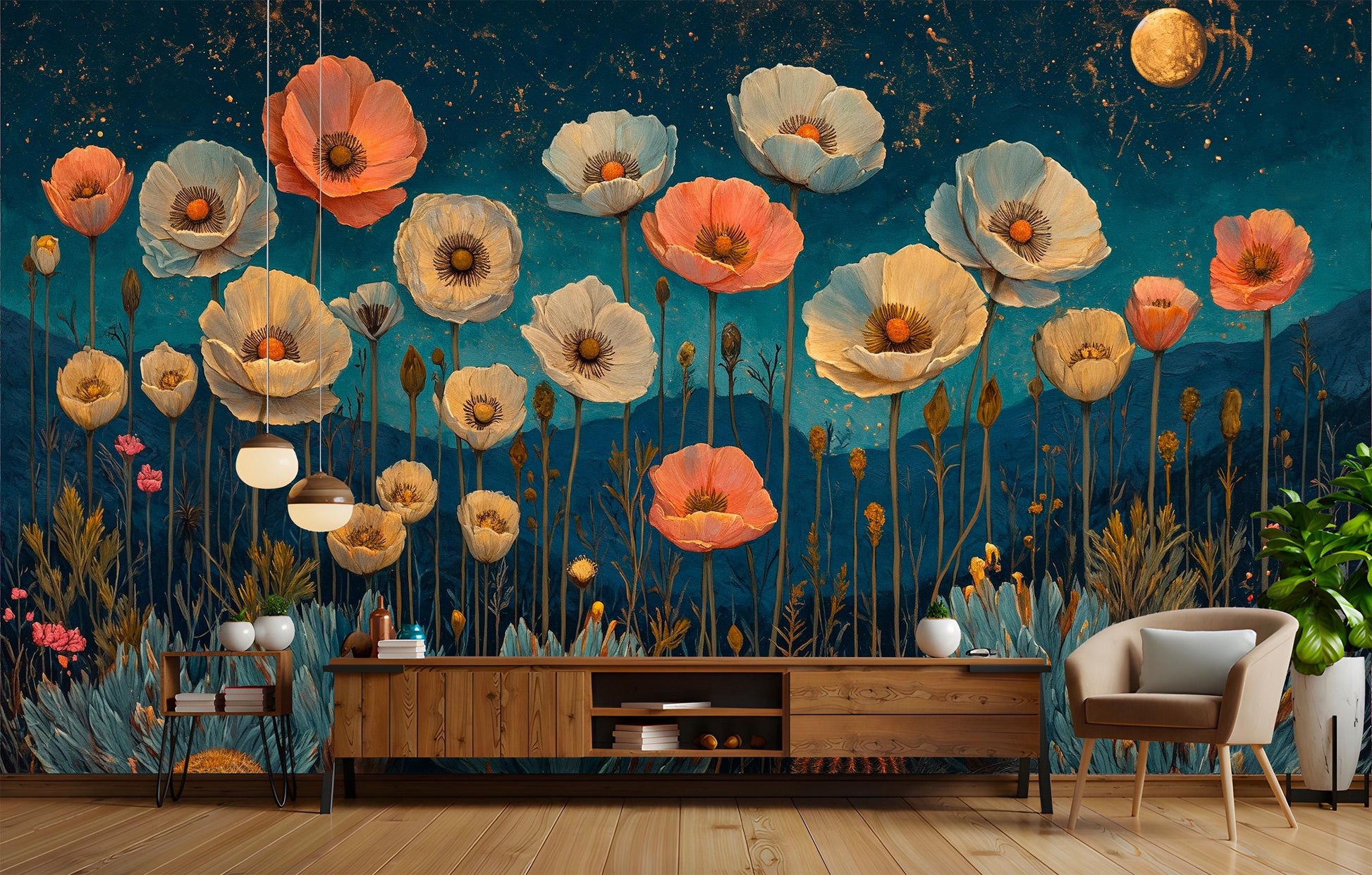 Moonlit Desert Floral Non Floral Wallpaper – room setting, Golden Era Walls