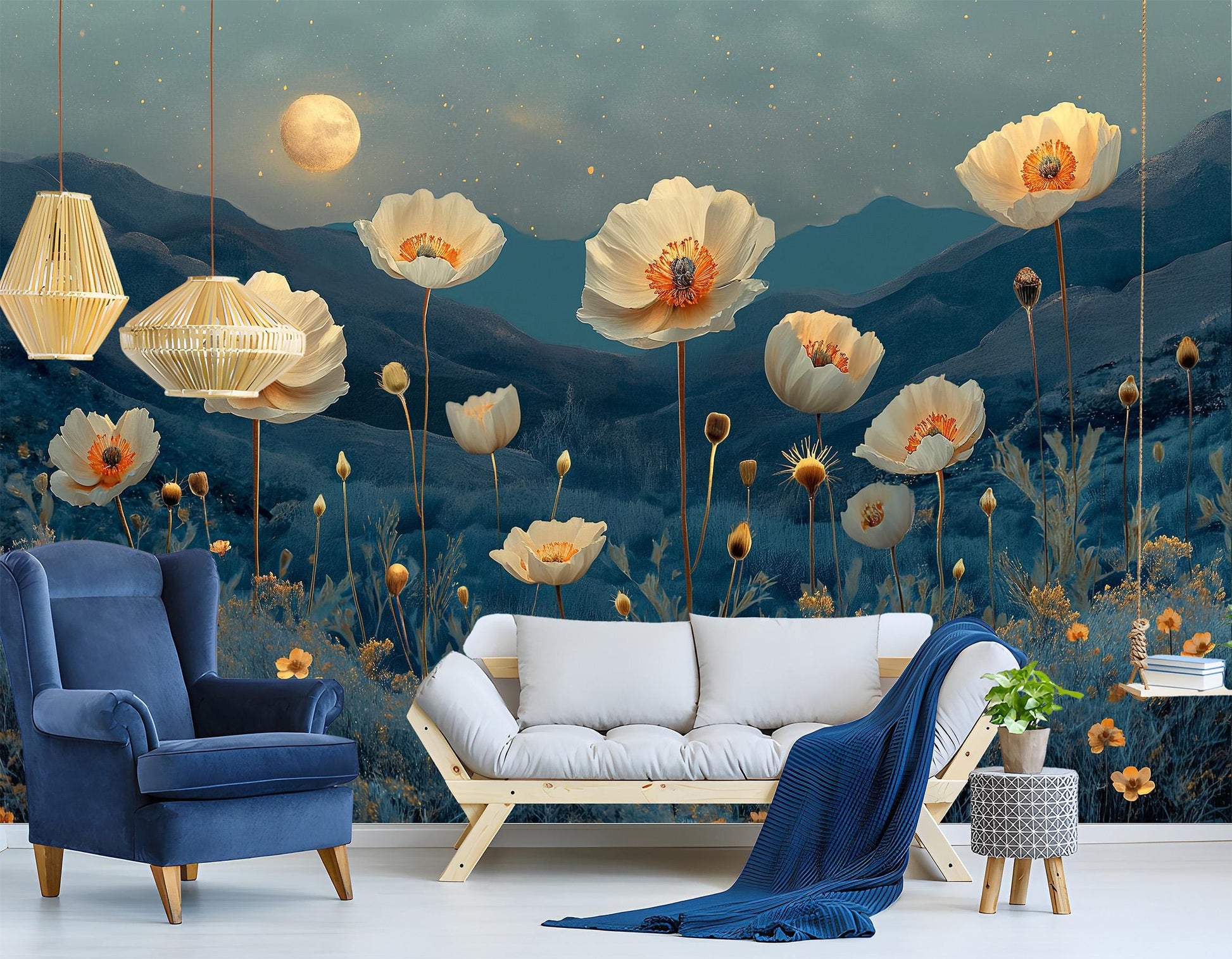 Desert Nightscape Floral Cactus Floral Wallpaper – room setting, Golden Era Walls