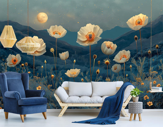 Desert Nightscape Floral Cactus Floral Wallpaper – room setting, Golden Era Walls