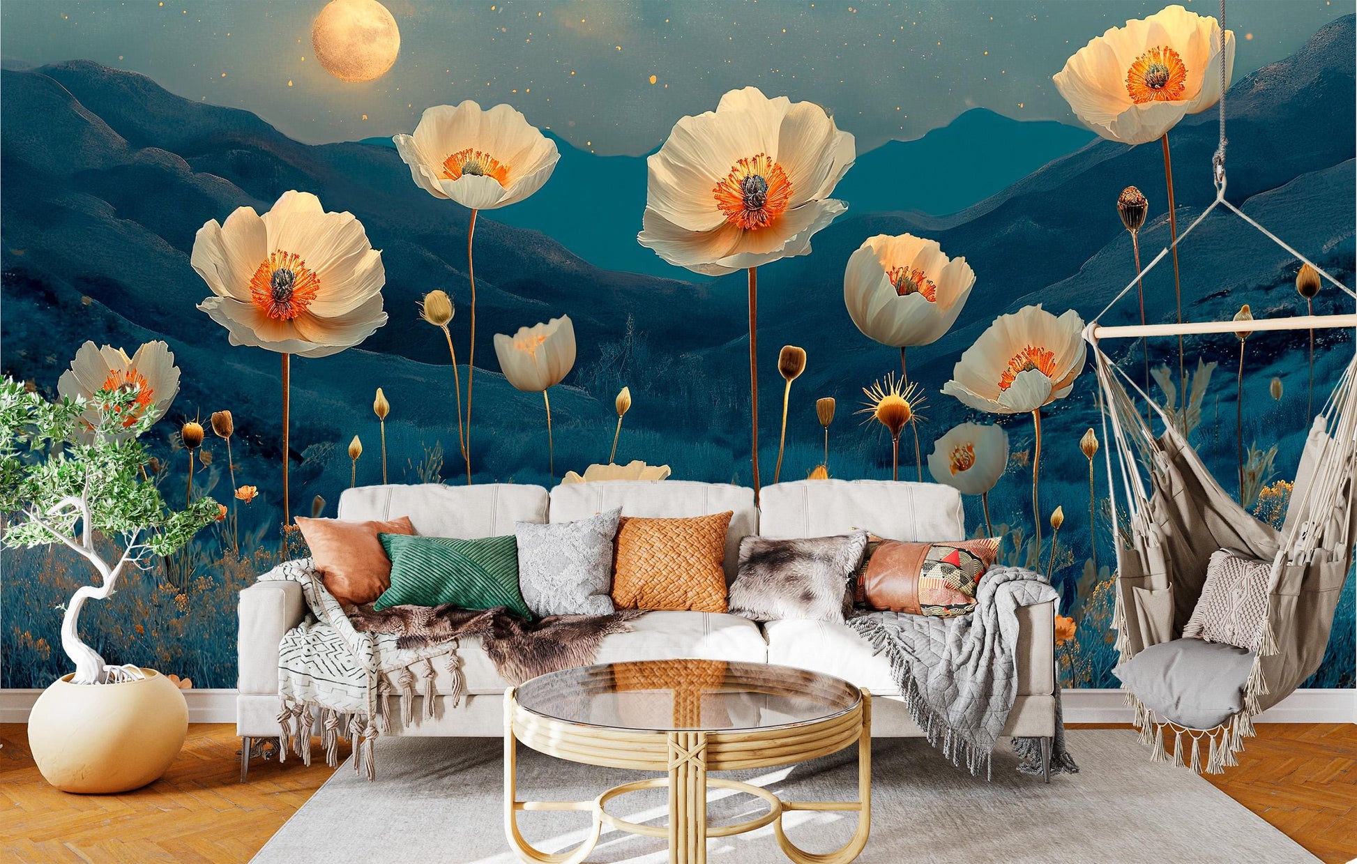 Desert Nightscape Floral Cactus Floral Wallpaper – peel and stick wallpaper mural, Golden Era Walls