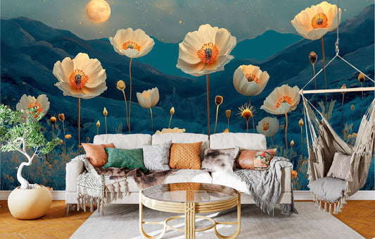 Desert Nightscape Floral Cactus Floral Wallpaper – peel and stick wallpaper mural, Golden Era Walls