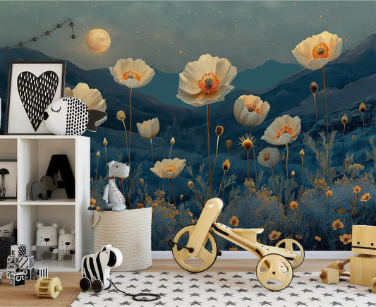 Desert Nightscape Floral Cactus Floral Wallpaper – detail view, Golden Era Walls