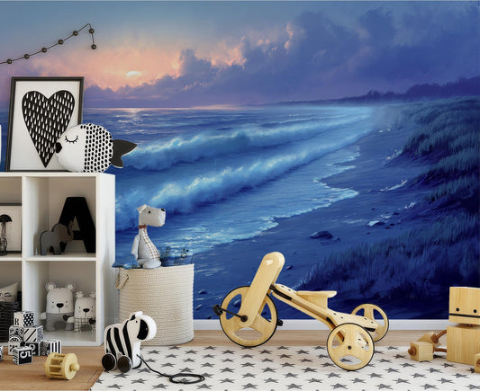 Calming Ocean Dusk Waves Coastal Wallpaper – detail view, Golden Era Walls