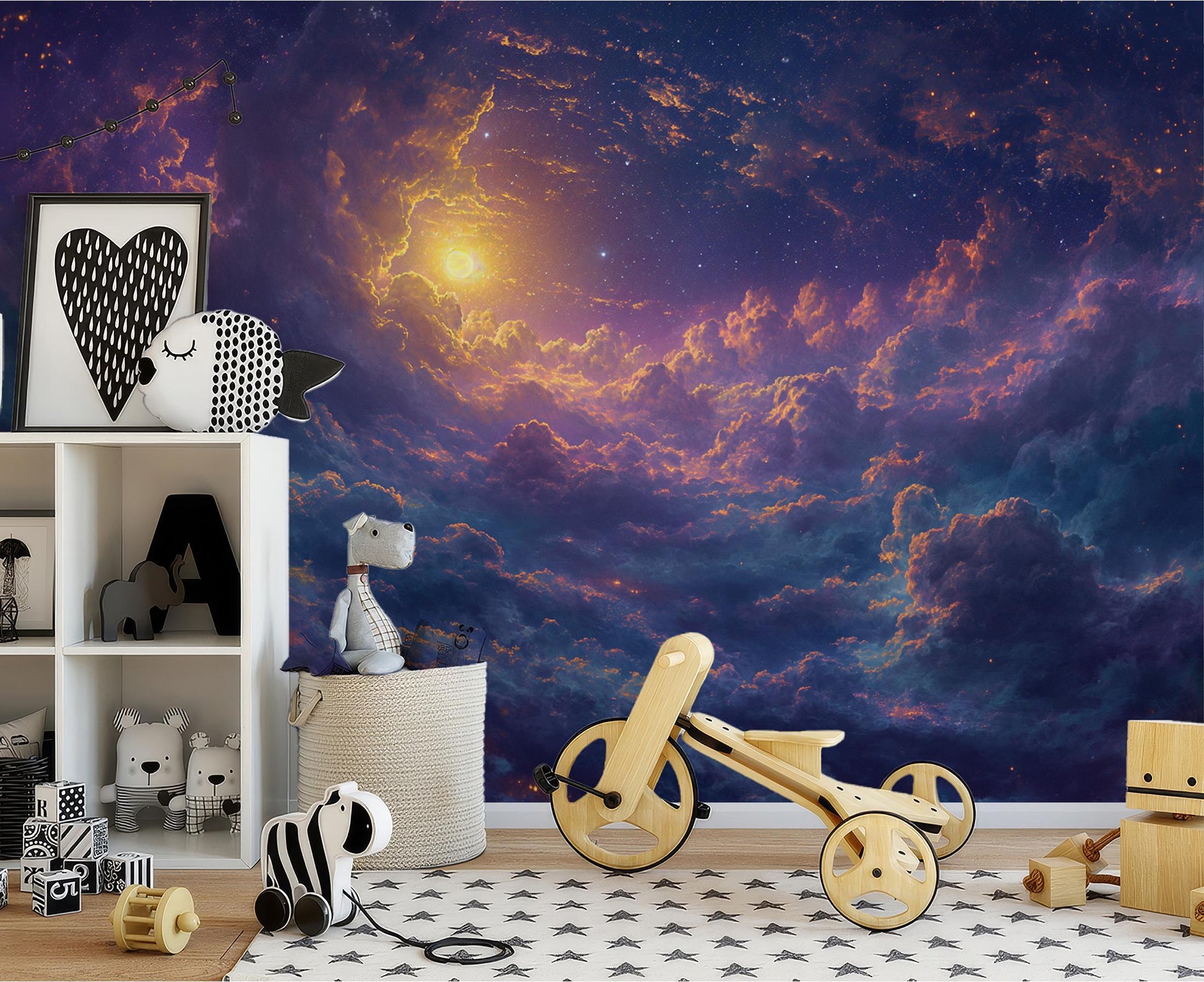 Celestial Clouds Stars Non Wallpaper – peel and stick wallpaper mural, Golden Era Walls